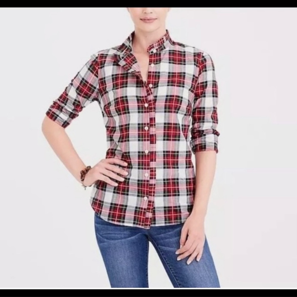 J Crew Factory Ruffle Collar Button Down Plaid Tartan Holiday Shirt